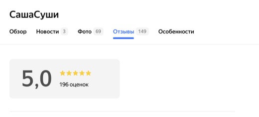 Страница СашаСуши на Яндекс.Картах: рейтинг 5,0, 196 оценок
